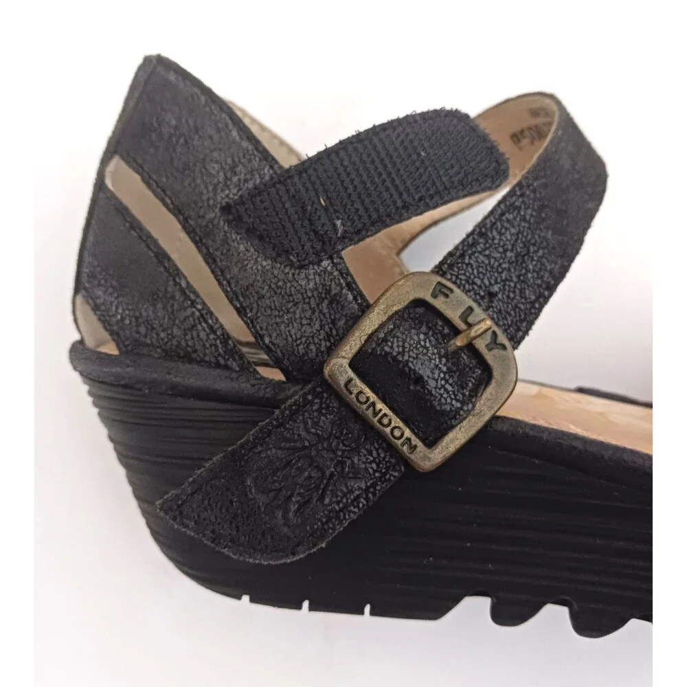 FLY London Rese730Fly Blk Leather Strappy Wedge Sandal Ankle Strap 39/8-8.5